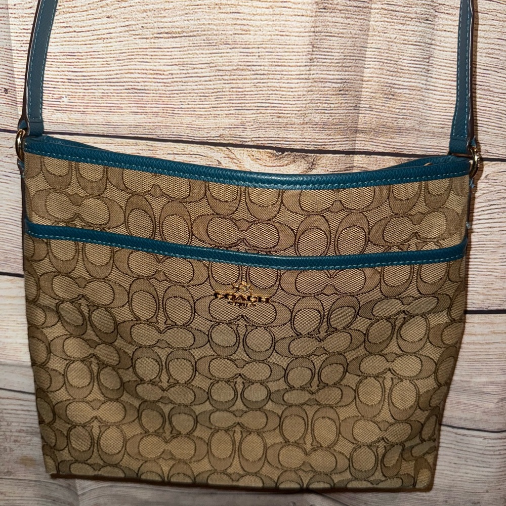 Coach Signature Tan and Teal Women's Crossbody Bag